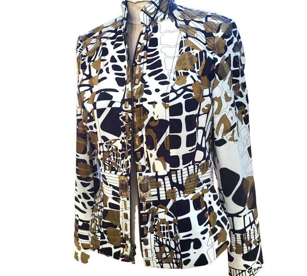 Albert Makali Abstract Animal Print Dacron Zip Up Gold Black n White Jacket sz 6